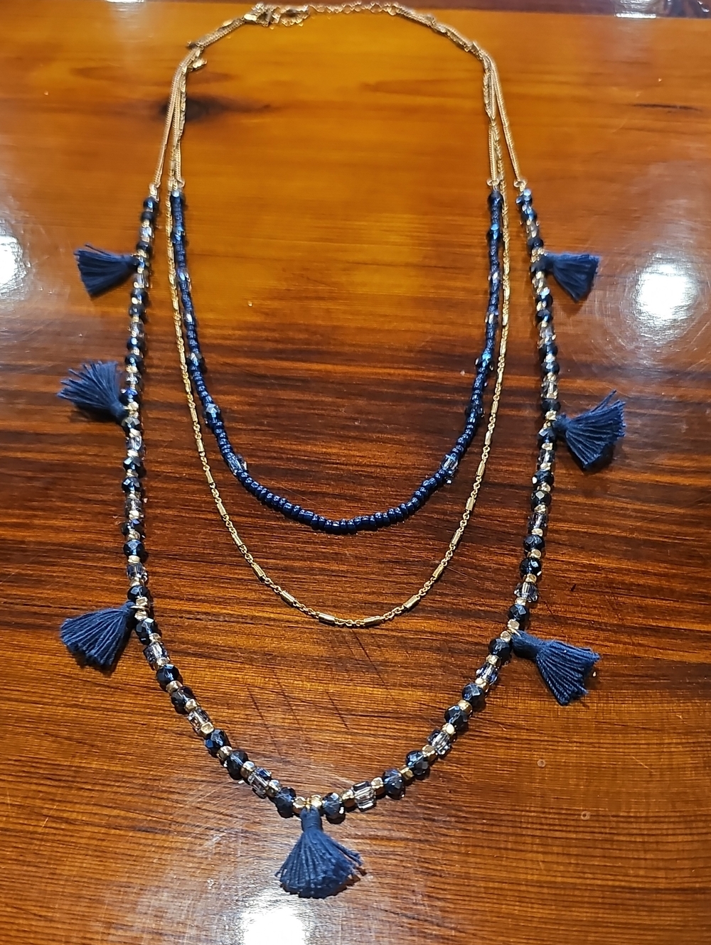 Layered Navy Blue Beaded Tassel Necklace